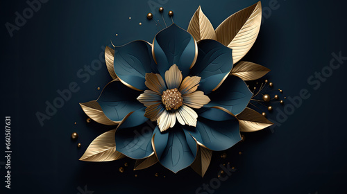 a blue flower with gold leaves on a black background. Illustration of a Navy color flower, Perfect for Wall Art.