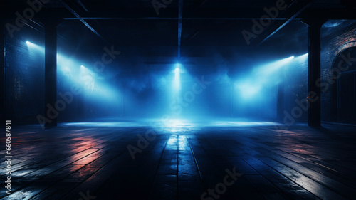 Dark empty fogy room, street, light in the middle, illuminate the bottom and smog, mystic scene or show room, background
