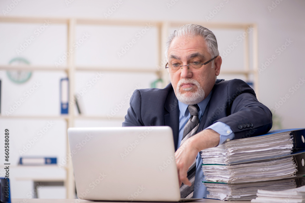 Old male employee working in the office Old male employee working in the office