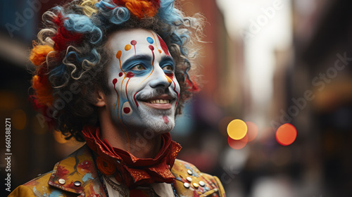 Mr Clown close up face. Portrait of Funny face Clown man in colorful uniform © PaulShlykov