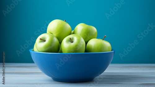 Generative AI. Green apples in a blue bowl