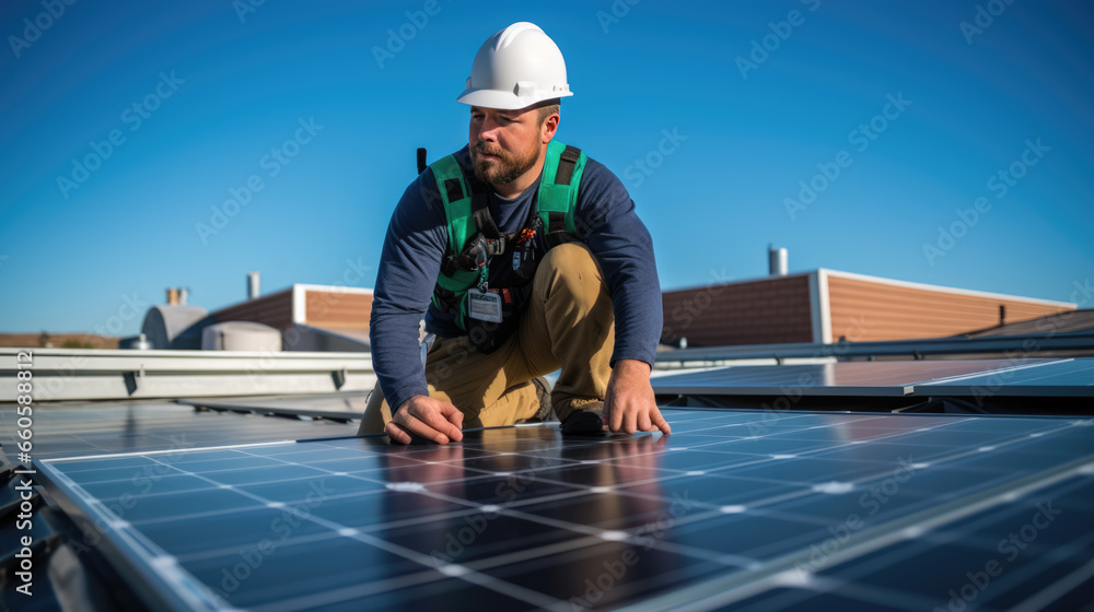 An engineer checks the quality of installation and operation of the solar panels An engineer checks the quality of installation and operation of the solar panels