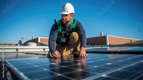 An engineer checks the quality of installation and operation of the solar panels