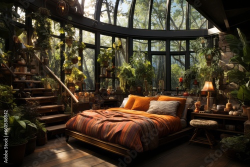 A bohemian - style bedroom with colorful textiles, hanging plants, and a low - slung platform bed © Aurora Blaze