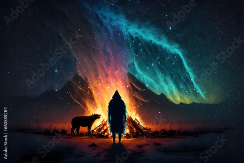 shaman next to a colorful spiritual bonfire under aurora borealis and nightsky sky full of spirit animals made of light and aurora borealis haze 