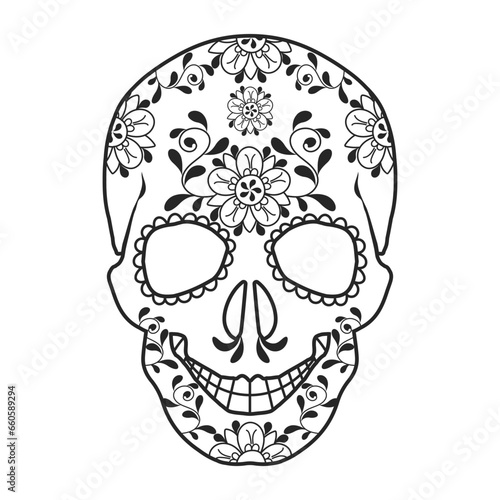 Mexican Day of the Dead illustration with Death Mask Skull with flowers ornament. Holiday card, vector