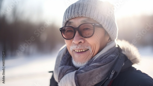An American-Korean man in a gray scarf. AI Generated