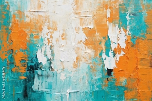 Abstract painting with orange and cyan oil colors on canvas using rough brushstrokes and palette knife. Generative AI