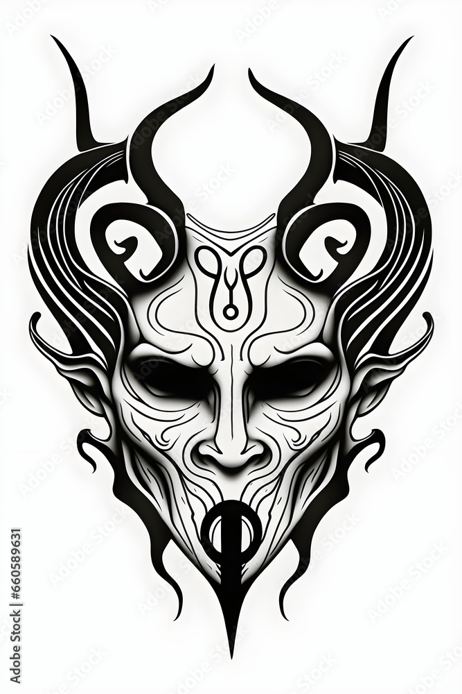 coloring page lovecraftian oni mask white background black outlines line art tattoo art poster 