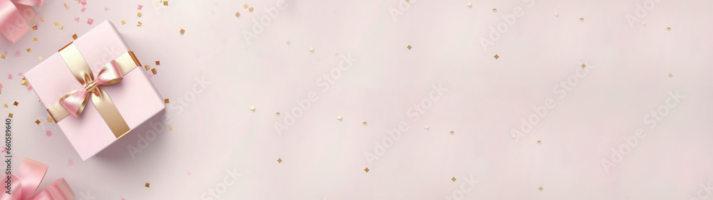 Christmas, celebration, advent, birthday, pink gifts, presents, ribbons, golden confetti on white isolated background, texture, banner, greeting card, space for text or design