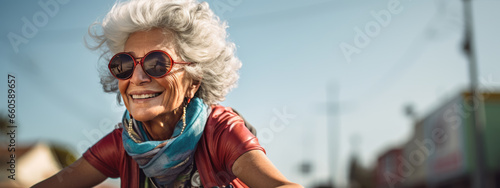 Stylishly dressed senior woman on the street background