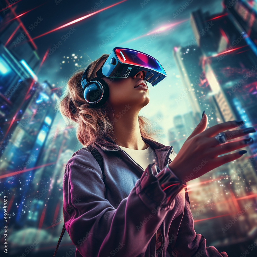 Woman wearing a VR headset Woman wearing a VR headset