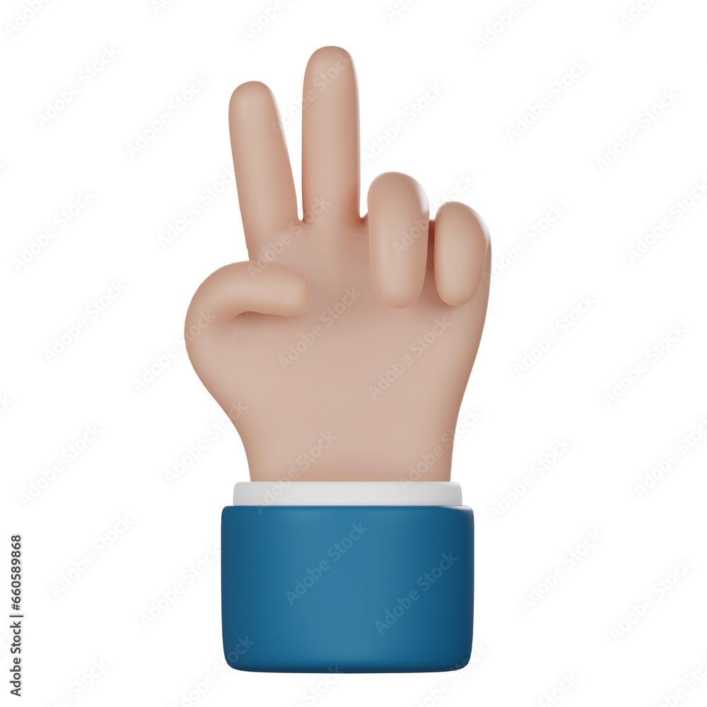 Obraz premium 3d Business hand icon. Cartoon character hand with two finger posing isolated on white background. 3D illustration.