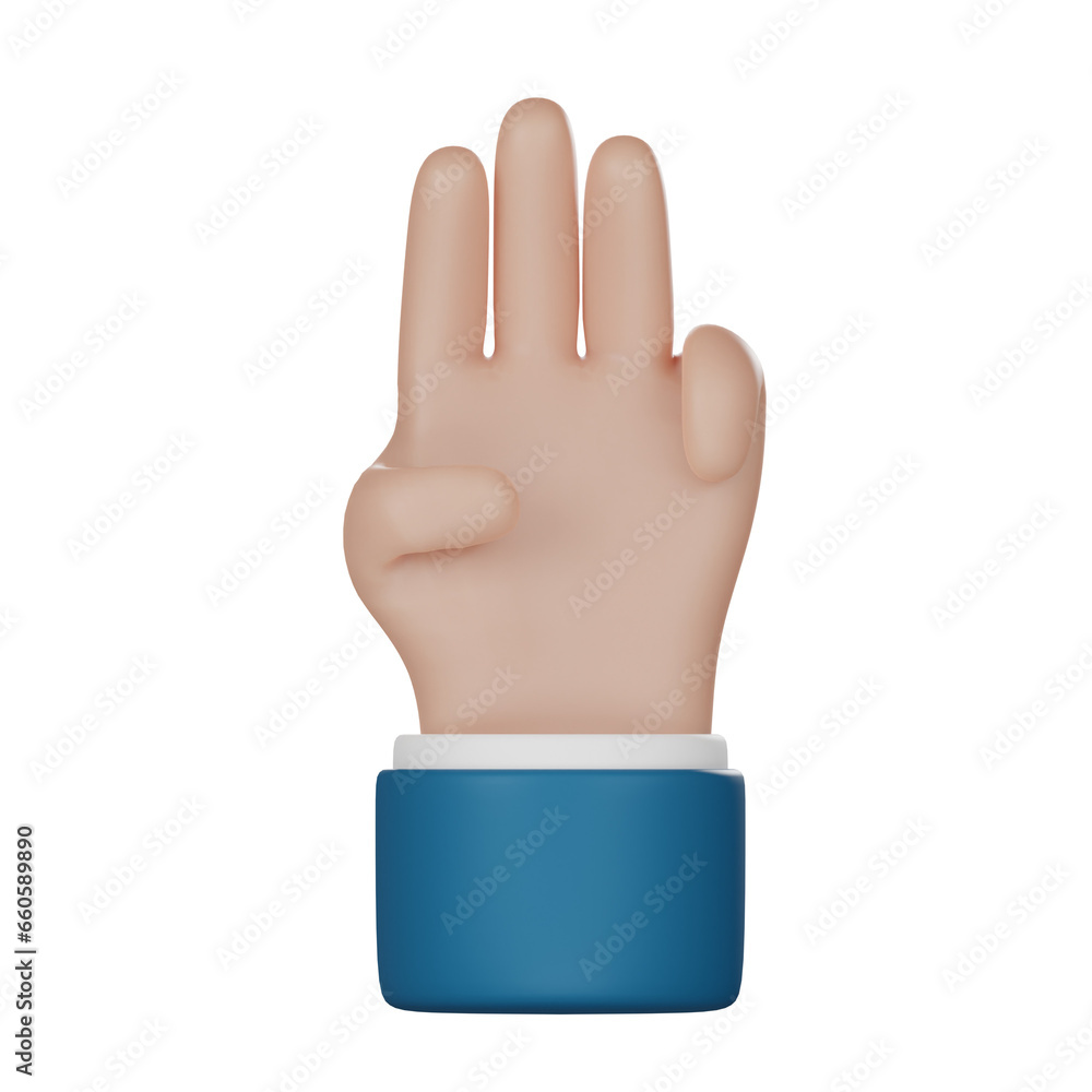 3d illustration. Three fingers counting icon. Cartoon character hand. Business clip art isolated on white background 3d illustration. Three fingers counting icon. Cartoon character hand. Business clip art isolated on white background
