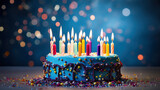 Celebration, birthday cake with burned colored candles, on a table decorated with sweets, blue background with bokleh lighting, greeting card
