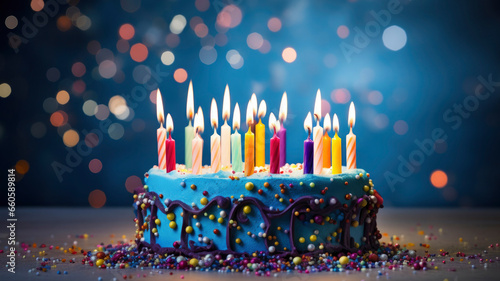 Celebration, birthday cake with burned colored candles, on a table decorated with sweets, blue background with bokleh lighting, greeting card photo