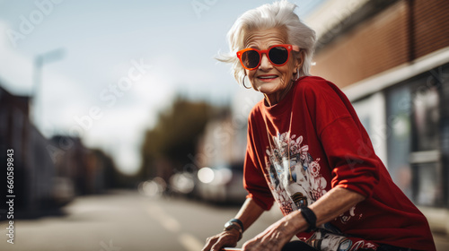 Stylishly dressed senior woman on the street background