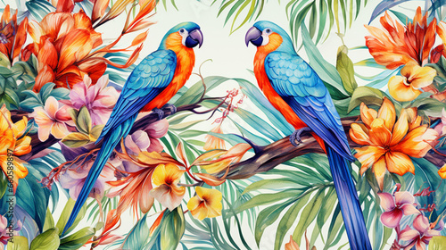 colored parrots sitting on a branch