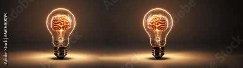 Light bulbs lamp lightened like a shining brain, illuminate the bottom and isolated brown background photo