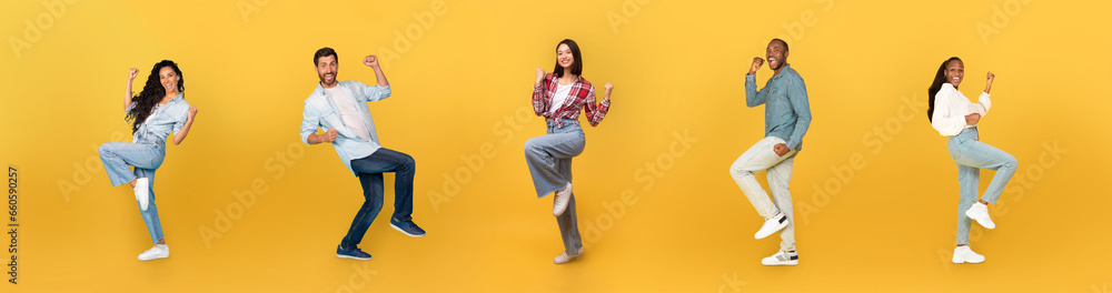 Happy multiracial people celebrating success on yellow, web-banner