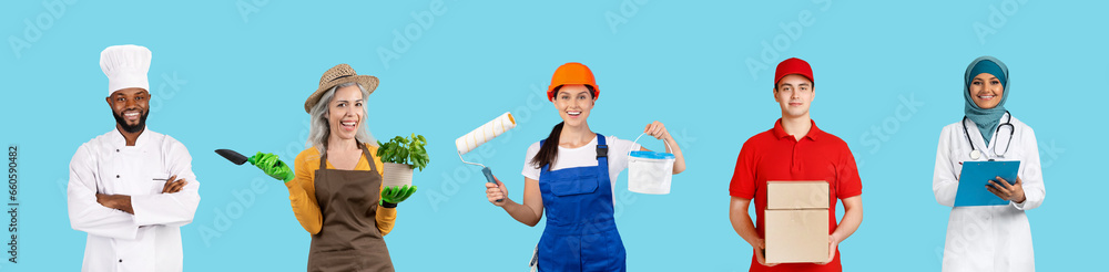 Creative Collage With People Of Different Professions Posing Over Blue Background Creative Collage With People Of Different Professions Posing Over Blue Background