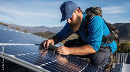 An engineer checks the quality of installation and operation of the solar panels