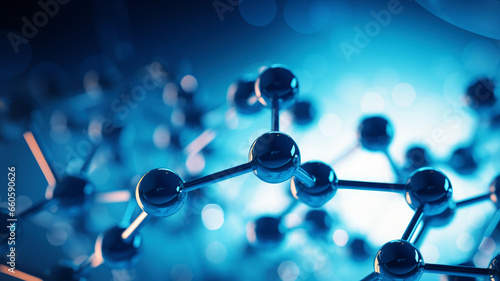 Fototapeta Naklejka Na Ścianę i Meble -  Molecule model structure, science, business, chemistry, blue background, 3d effect 