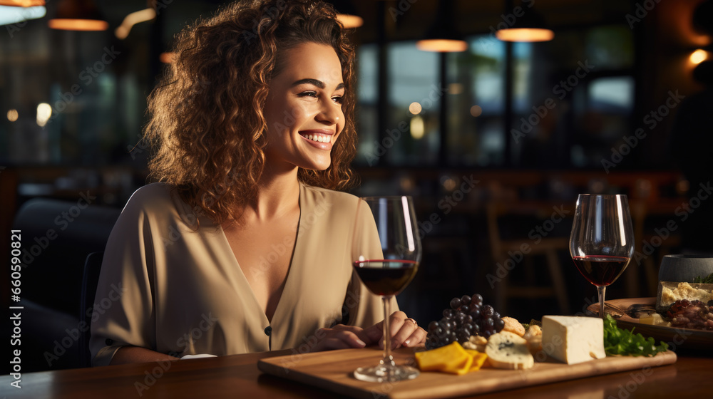 Woman tastes an assortment of cheeses with wine at a restaurant