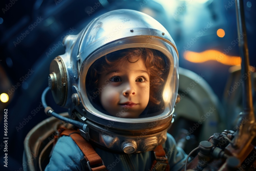 Daring Astronaut spaceship space child boy. Sky flight. Generate Ai