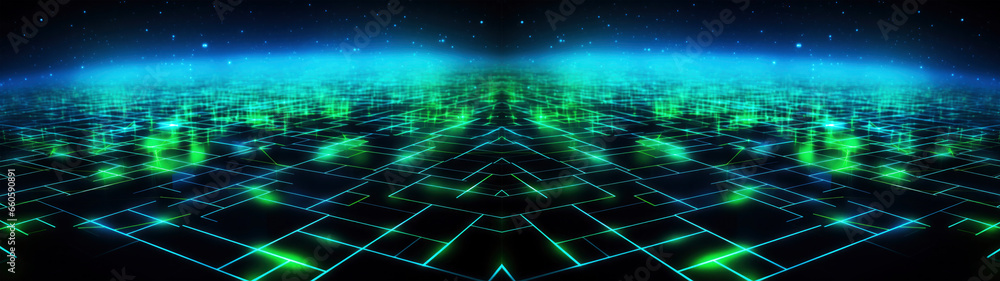 Network internet technology space digital lines green blue, bright blue shinings on black background
