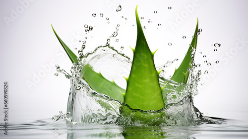 Spiked leaves of aloe with water splashes on white background
