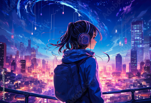 Anime girl with a futuristic city background