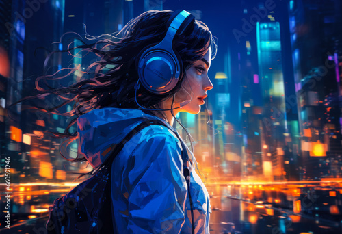 Anime girl with a futuristic city background