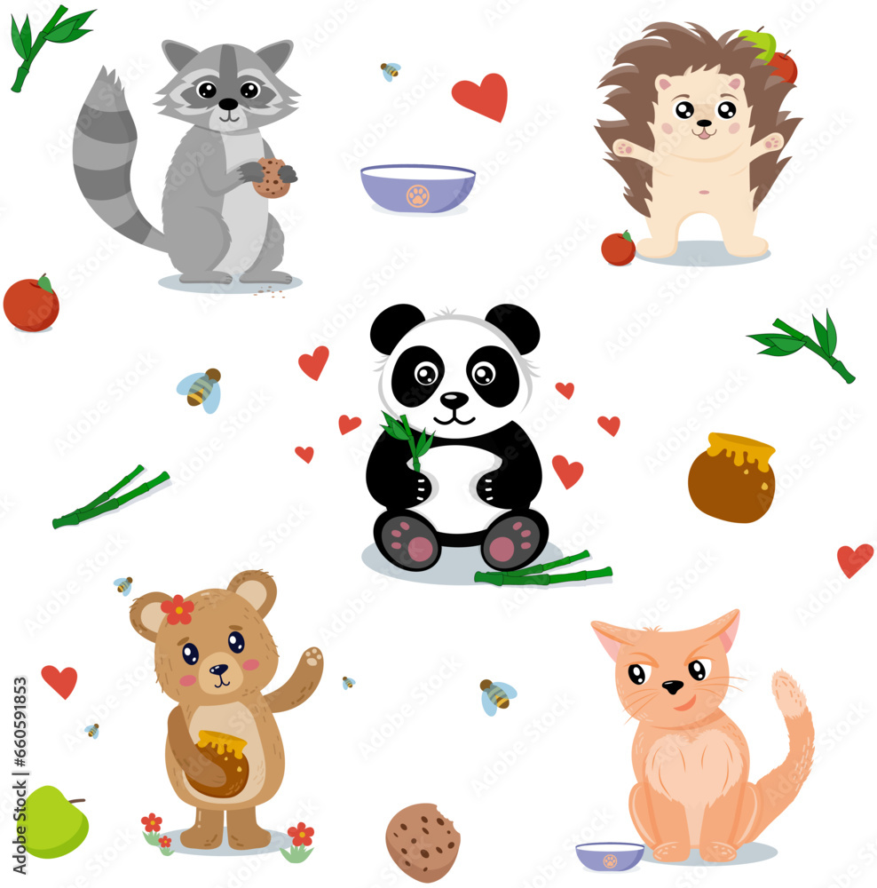 Fototapeta premium Raccoon, hedgehog, panda, bear, cat, vector