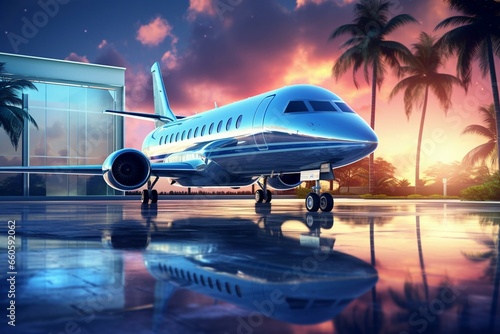 A high-end aircraft parked outside, symbolizing exclusive tourism and executive travel. Rendered in vibrant 3D with dazzling effects. Generative AI