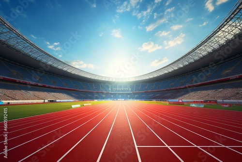 3D depiction of a stadium's athletic running track. Generative AI