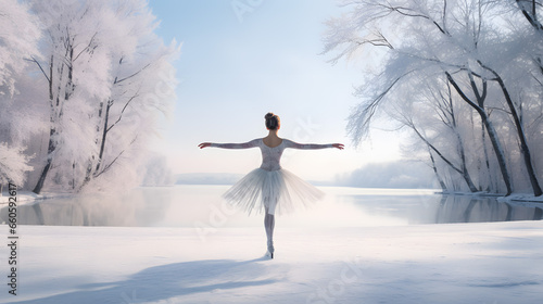 An ice skater performing a pirouette on a frozen lake surrounded by snow-dusted trees.