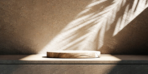 Wood podium stand for beauty and cosmetic product placement in natural interior scene. Stone wall and shelf countertop with palm leaf shadow. Neutral tropical aesthetic background. Spa and bathroom 