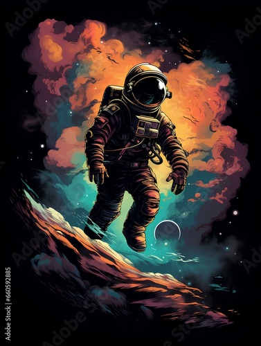 design for a t-shirt depicting an astronaut in space