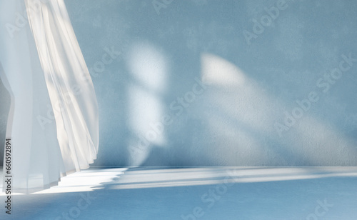 Empty room with shade from window light and white curtains. Minimal interior with concrete wall and floor. Architecture background showroom.