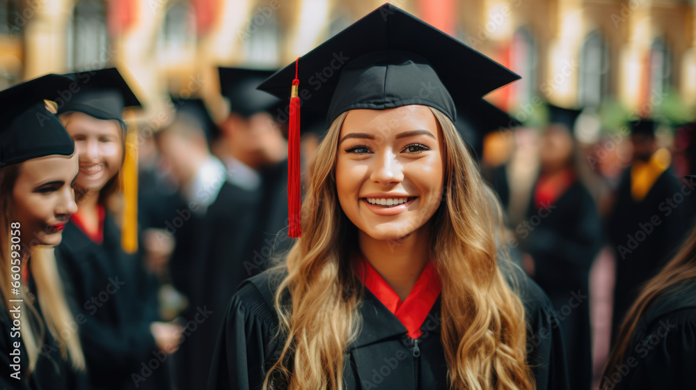 Happy smiling graduating student girl in an academic gown standing in front of other alumni Happy smiling graduating student girl in an academic gown standing in front of other alumni