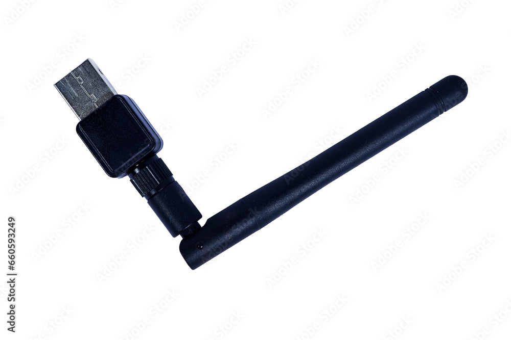Black wireless usb IEEE 802.11 with antenna isolated on white background