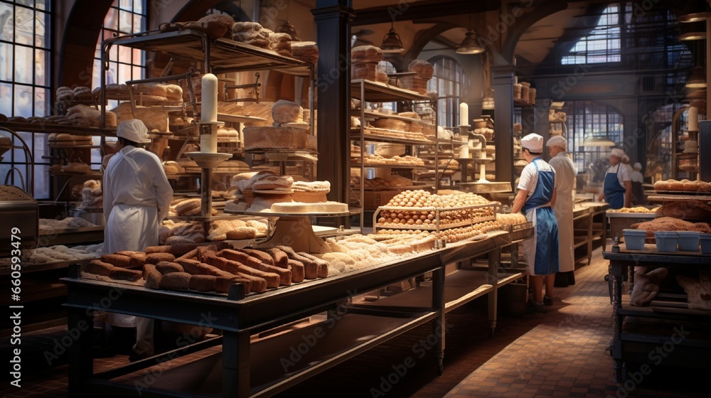 A bustling bakery kitchen with ovens, the counters awaiting pastry promotions or bakery branding.