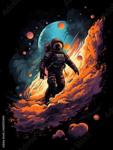 design for a t-shirt depicting an astronaut in space