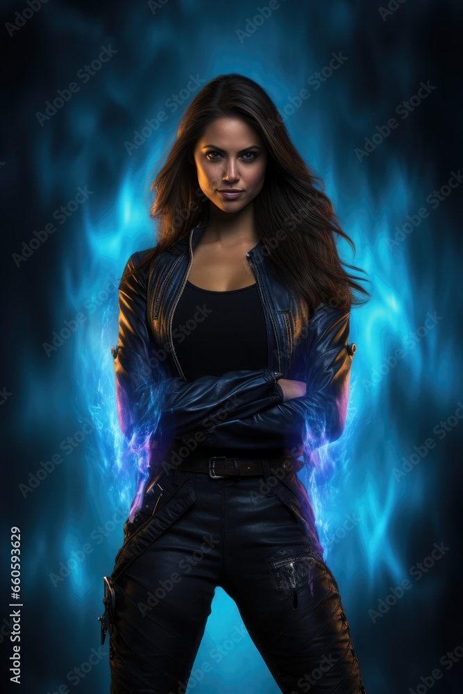 purple and blue magic glow. long hair. pretty teen. Urban fantasy character. Glowing magic energy fractal hands. Action superhero pose. Sorcery, wizard, witch, spell, superpower, super power. 