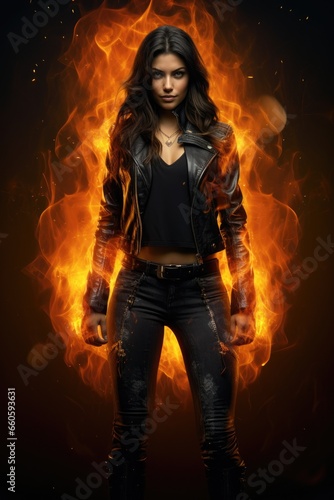 Teen brunette with fire magic flames. Jeans, leather jacket Urban fantasy character. Glowing magic energy fractal hands. Action superhero pose. Sorcery, wizard, witch, spell, superpower, super power.