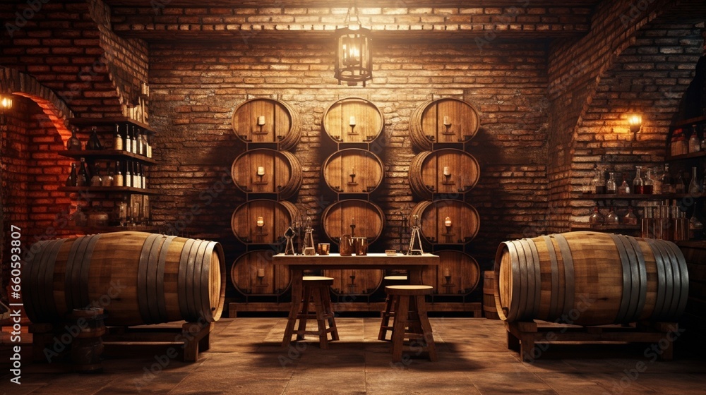 A cozy wine cellar with brick walls, the wooden barrels awaiting wine brand promotions or art.