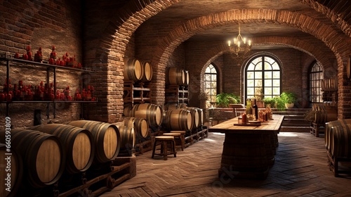 A cozy wine cellar with brick walls  the wooden barrels awaiting wine brand promotions or art.