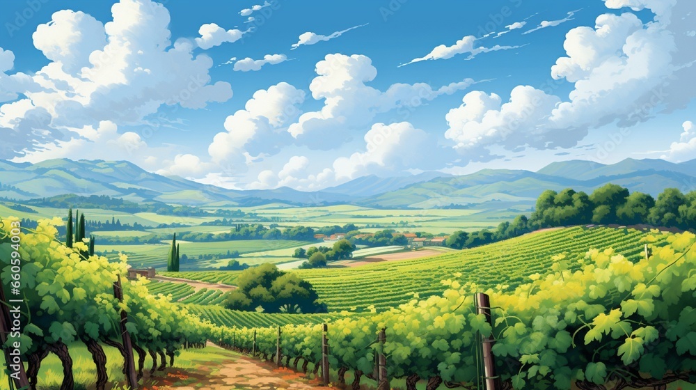 A lush vineyard during harvest season, the clear sky above providing room for winery branding or art.