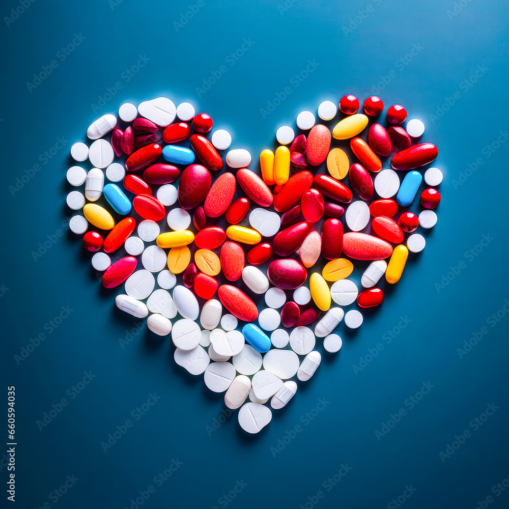 A collection of red and blue medication tablets arranged neatly for healthcare purposes. A collection of red and blue medication tablets arranged neatly for healthcare purposes.